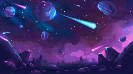 Cartoon illustration of cosmic adventure game universe with alien planets, comets, rocky meteorites, and stones falling. Space background with alien planets, comets with neon tails, and rocky