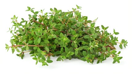 Obraz premium Small green leaves of fresh thyme isolated on white background.
