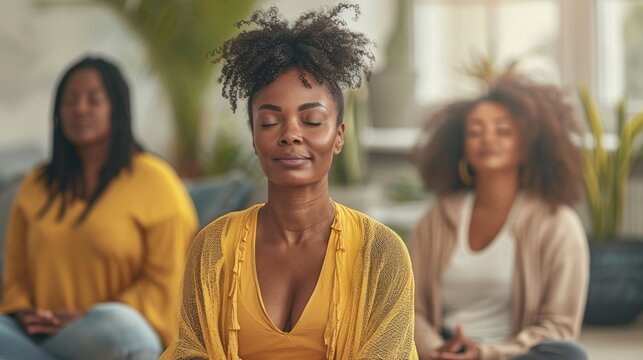 A group of women practicing meditation in the lotus pose, with a focus on serenity and mindfulness.
