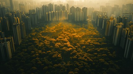 Aerial view of a lush rooftop garden amidst a dense cityscape during sunrise.