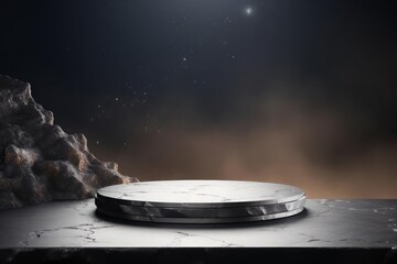 Meteorite-themed podium with rough, metallic surfaces, set against a minimalist, cosmic background, perfect for showcasing products with a bold and extraterrestrial character. Copy space