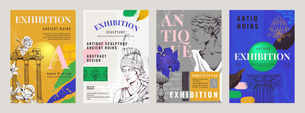 Greek art. Abstract rome posters or vintage greece creative culture, modern ancient sculpture and statue. Contemporary vertical banner or invitation design. Vector design antique background