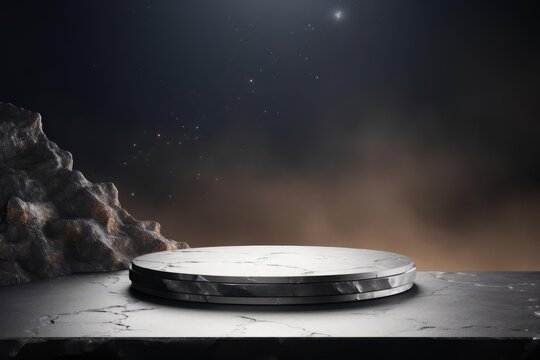 Meteorite-themed podium with rough, metallic surfaces, set against a minimalist, cosmic background, perfect for showcasing products with a bold and extraterrestrial character. Copy space