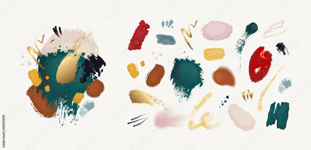 Poster watercolor shapes. abstract paintbrush elements. artistic texture with color splash. gold foil strok