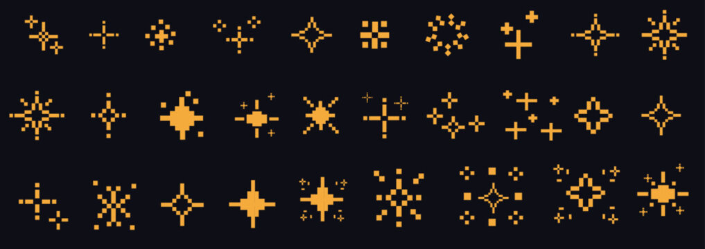 Pixel art stars. Retro decorative night pixelated sparkling elements. Yellow and gold star and glitter for mobile games. Vector 8-bit retro style illustration.