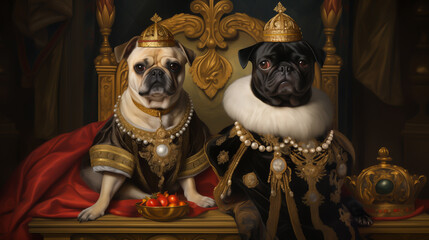 Funny animals 3D portrait, Bulldog, Dog, Renaissance, Couple, Feline, King. AT THE COURT OF THE BULLDOGS! Three-dimensional illustration of two crouching royal bulldogs immersed in their riches.