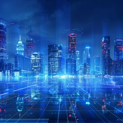 Futuristic cityscape with glowing neon lights and wireless network symbols signifying connectivity.
