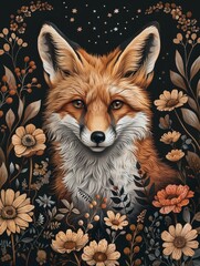 Naklejka premium Enchanting Fox Amidst Floral Bloom Under Starlit Sky - A Mystical Nature Illustration