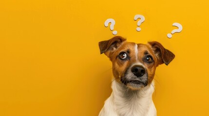 Cute confused little dog with question marks isolated on yellow background