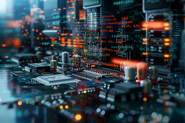 Double exposure of a complex logic board, its circuits and components interwoven with the code of an AI algorithm, illustrating the hardware and software collaboration in AI systems.