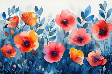 Vibrant Watercolor Painting of Floral Blossoms with Blue Foliage