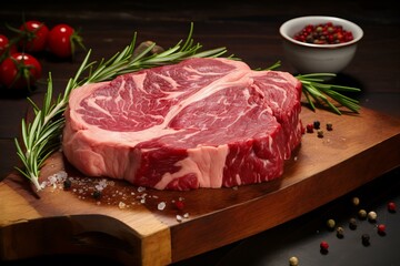 Fototapeta premium Juicy Steak beef cut. Raw food table. Generate Ai