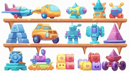 A set of cartoon elements with a cute car, plane, robot, blocks, rocket, and pyramid on wood shelves in a store.