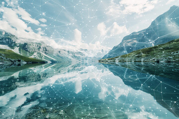 Double exposure of a crystal-clear mountain lake, with its serene surface reflecting the sky, merged with a digital mesh network, symbolizing the purity and depth of data in AI analytics.
