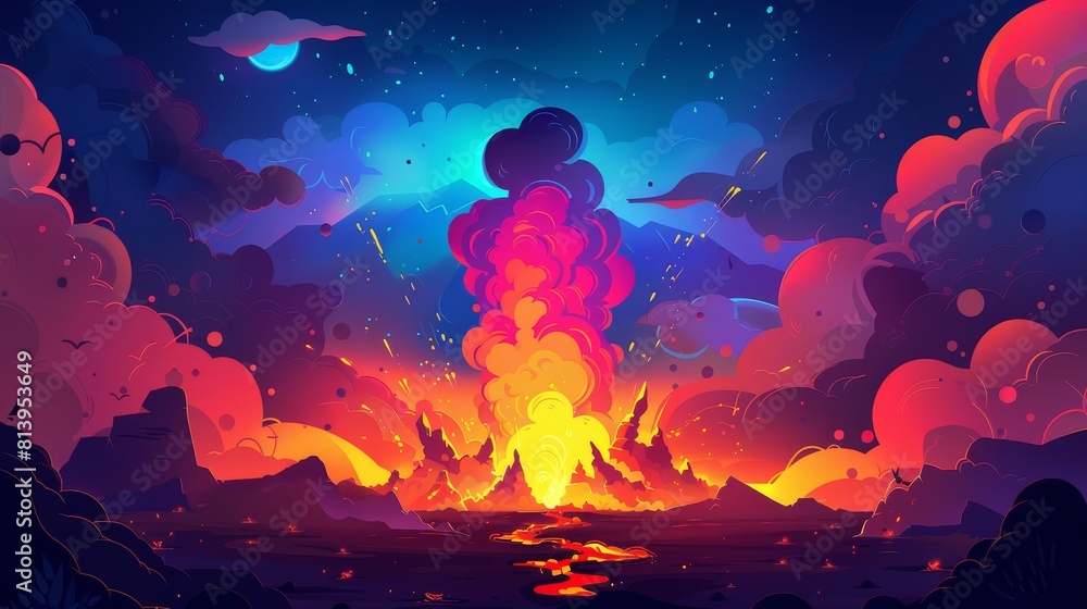 Poster a cartoon hell modern background with volcanic lava bursting and exploding with smoke. fires and smo