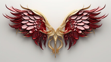 Fototapeta premium Minimalistic Art Of Gold And Red Feathered Wings On White Background