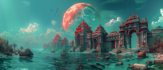 Obraz premium Blue sky with large red and orange moon, ancient ruins and water lake