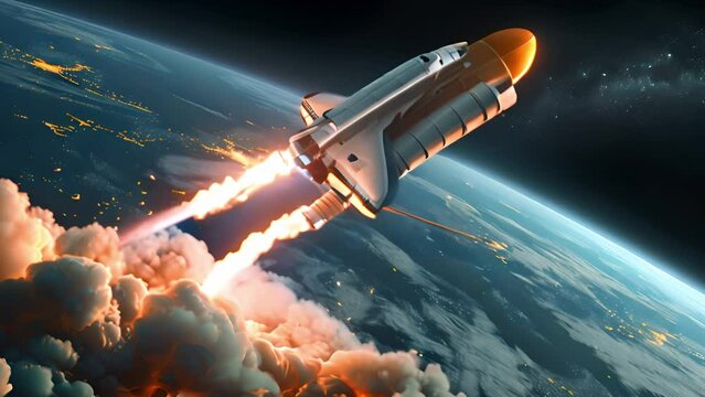 An artists interpretation of a space shuttle in flight, showcasing its sleek design and powerful propulsion as it travels through the atmosphere.