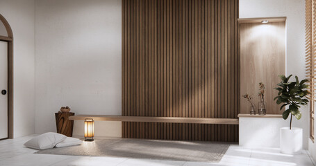 Mock up interior concept Empty room wood docoration wall on granite floor.