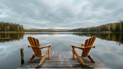 Two empty wooden chairs on a pier overlooking a tranquil lake with a cloudy sky and forest in the background.