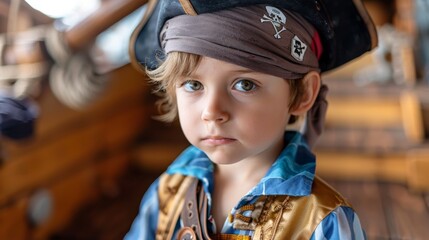 A little boy dressed as a pirate with a hat, intense gaze, on a wooden backdrop, possibly a ship.