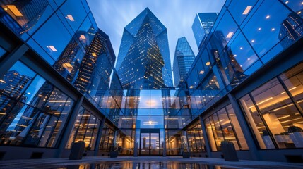 Low-angle view of an office building's entrance with illuminated windows against a dusky sky.