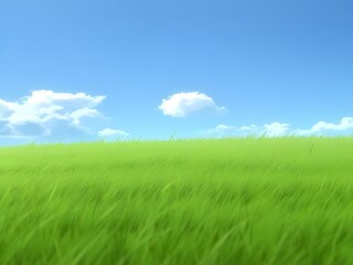 Obraz premium 4k Natural Meadow Grass Swayed by Wind Blow. Amazingly Beautiful Endless Fields of Green Grass Go Far to The Horizon. Grass Field is Relaxing. 3D Animation with Seamless Loop.Anime style Generative AI