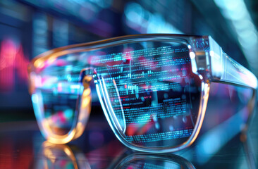 Glasses reflecting a futuristic augmented reality display.