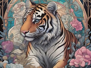 masterpiece, best quality, coloring book line art, detailed Tiger with Art Nouveau flair, synthwave and Art Nouveau hybrid style, bold and harmonious lines, romantic composition Generative AI
