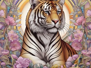 masterpiece, best quality, coloring book line art, detailed Tiger with Art Nouveau flair, synthwave and Art Nouveau hybrid style, bold and harmonious lines, romantic composition Generative AI