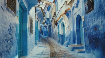 Obraz premium A picturesque scene of a narrow alley with charming blue painted buildings. Ideal for travel blogs or real estate websites
