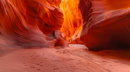 A person exploring the vibrant and smooth curves of Antelope Canyon's narrow sandstone walls.