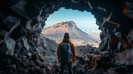 A lone explorer stands at the entrance of a rugged cave with a majestic mountain in the distance.