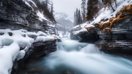 A mesmerizing view of a small mountain waterfall with snowy edges and misty ambiance. - Powered by Adobe