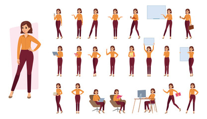 Busy woman set. Office girl different poses, lady worker, people banner, person with laptop and smartphone, happy young businesswoman think in suit. Employee vector flat cartoon illustration