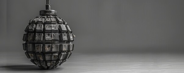 Obraz premium Artistic sculpture of a grenade made with vintage typewriter keys on a gray background