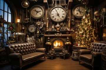 Naklejka premium Cozy vintage living room decorated for christmas with fireplace, tree, and clocks
