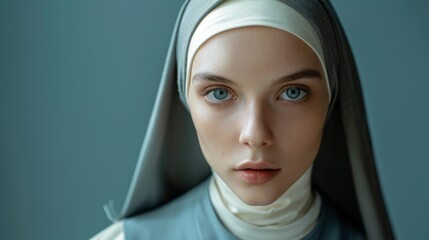 A young nun with striking blue eyes, wearing a traditional habit, isolated on a muted blue background.