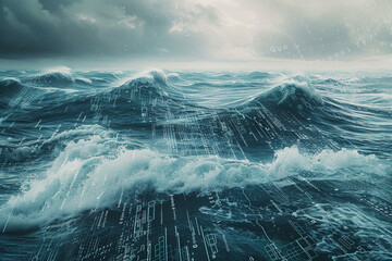Double exposure of a stormy ocean with towering waves, seamlessly merging with digital data flows and binary codes, portraying the turbulent and powerful nature of big data analysis.
