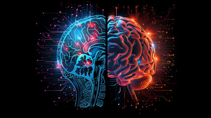 Fototapeta premium Top view brain split into two distinct halves: one half vividly depicting human neural textures and features, representing creativity and emotion; the other half designed with a digital, circuit-like 