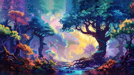 Enchanted Woodland Dreamscape A Vibrant Atmospheric Fantasy Landscape Filled with Mystical Light and Lush Whimsical Foliage description This