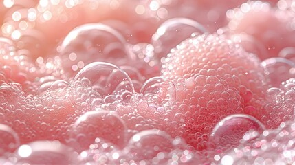   A close-up of many bubbles in a pink bowl with water droplets on their surface
