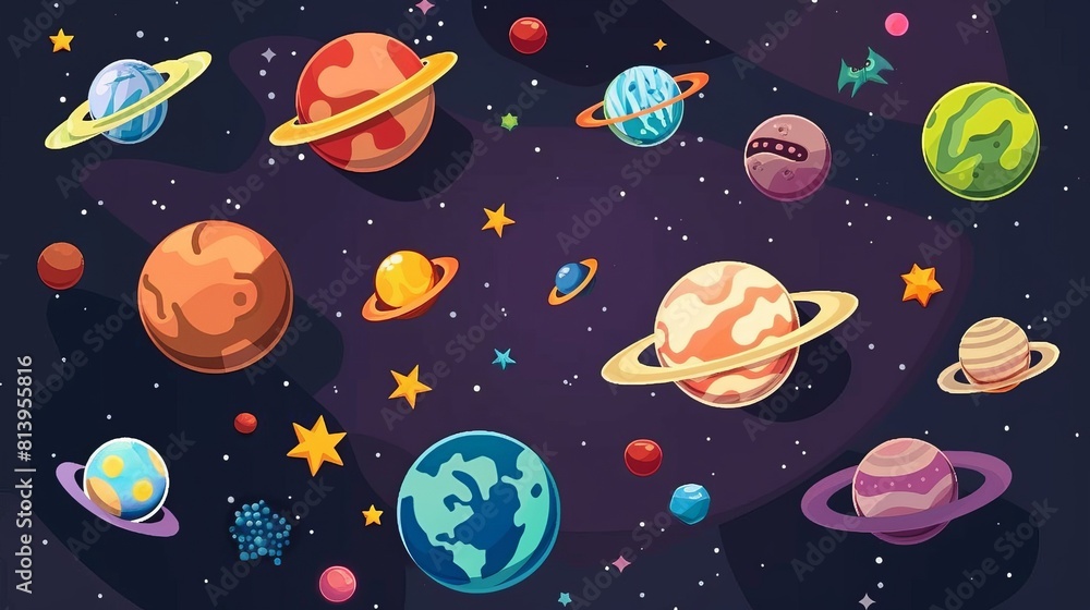 Poster game level map with planet modern background. 2d solar alien spaceship in fantasy universe landscape