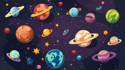 Game level map with planet modern background. 2D solar alien spaceship in fantasy universe landscape arcade videogame. App user progress interface design. Cosmos adventure trip.