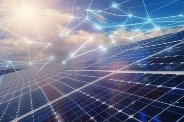 Double exposure of an array of solar panels under the bright sun, blending with a digital map of energy grids, to illustrate how AI and big data optimize renewable energy distribution.