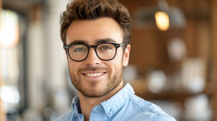 Obraz premium Portrait of a smiling businessman with glasses in a blue shirt, exuding confidence and approachability.