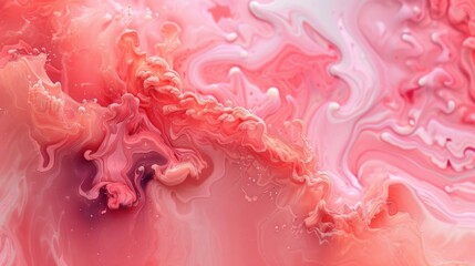 Vibrant pink and red liquid paint swirls with a creamy texture in an abstract pattern.