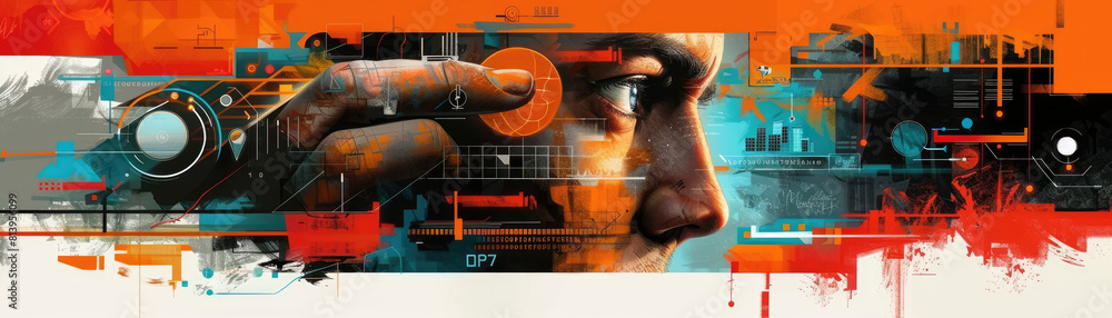 Aufkleber a man is holding a device in his hand. the image is a colorful abstract with a lot of different shap