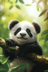 Obraz premium A cute panda bear sitting on a tree branch. Perfect for nature and wildlife concepts