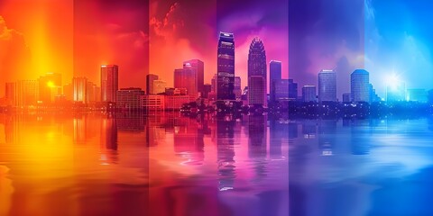 Charlotte, North Carolina city skyline in vibrant four-color palette against colorful backdrop. Concept Charlotte Skyline, Vibrant Colors, Four-color Palette, Colorful Backdrop, Urban Landscape